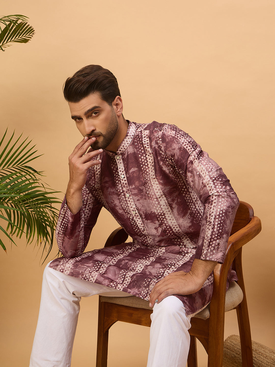 Ethnic Bay Men Burgundy Silk Blend Shibori Embroidered Straight Kurta-MKU1537