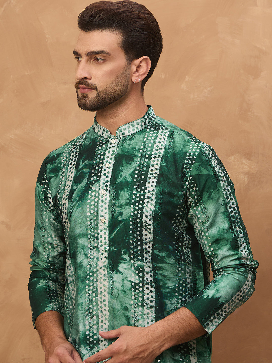 Ethnic Bay Men Green Silk Blend Shibori Embroidered Straight Kurta-MKU1538
