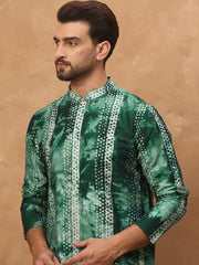 Ethnic Bay Men Green Silk Blend Shibori Embroidered Straight Kurta-MKU1538