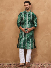 Ethnic Bay Men Green Silk Blend Shibori Embroidered Straight Kurta-MKU1538