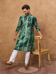 Ethnic Bay Men Green Silk Blend Shibori Embroidered Straight Kurta-MKU1538