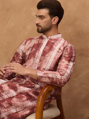 Ethnic Bay Men Brown Silk Blend Shibori Embroidered Straight Kurta-MKU1539