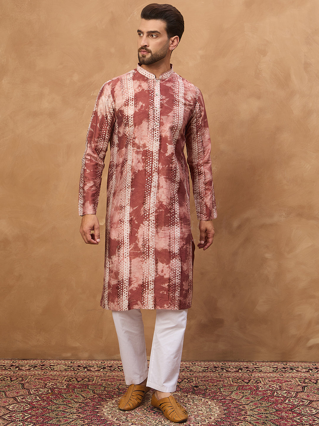 Ethnic Bay Men Brown Silk Blend Shibori Embroidered Straight Kurta-MKU1539