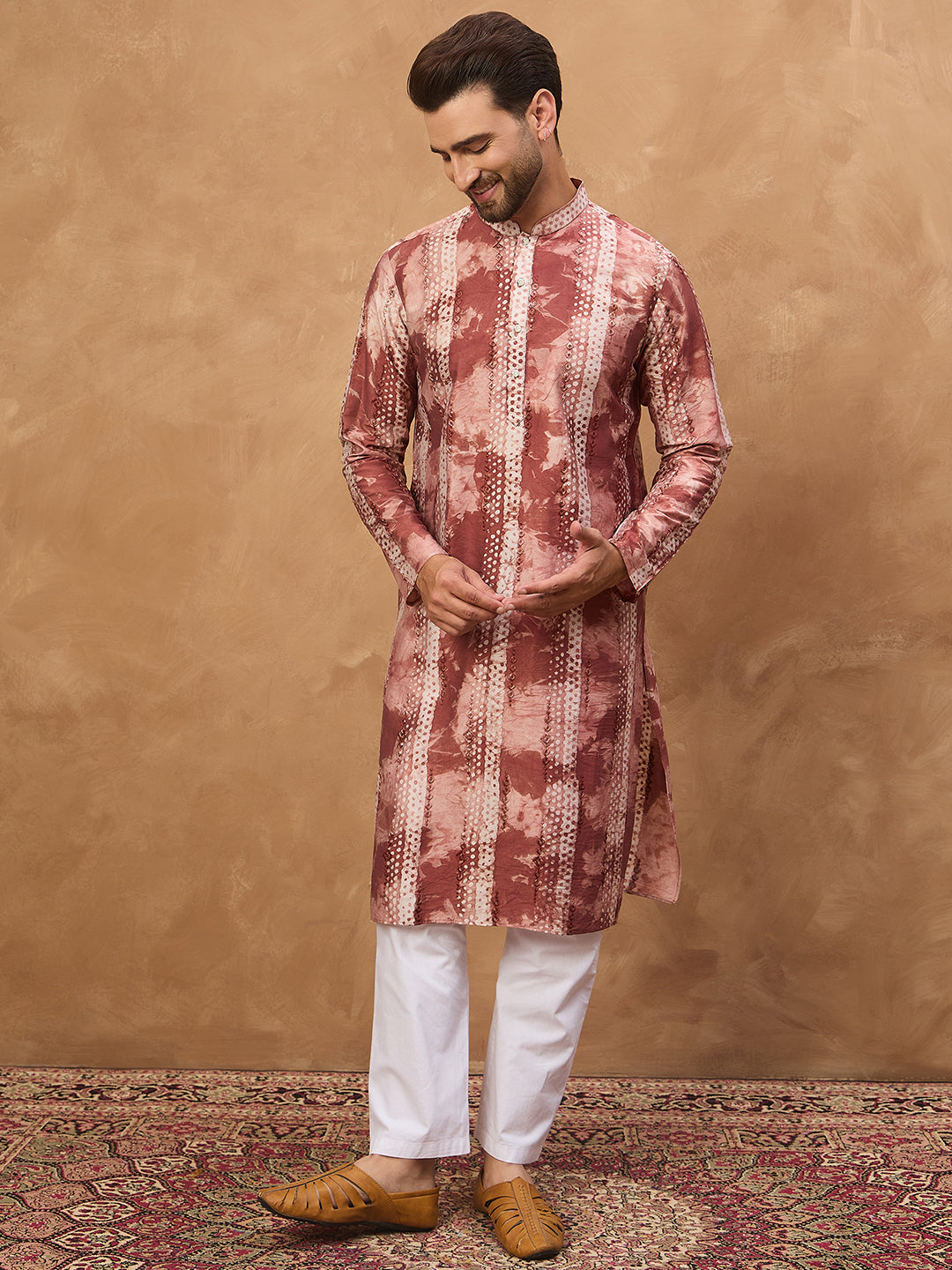 Ethnic Bay Men Brown Silk Blend Shibori Embroidered Straight Kurta-MKU1539