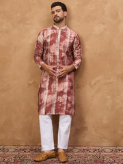 Ethnic Bay Men Brown Silk Blend Shibori Embroidered Straight Kurta-MKU1539