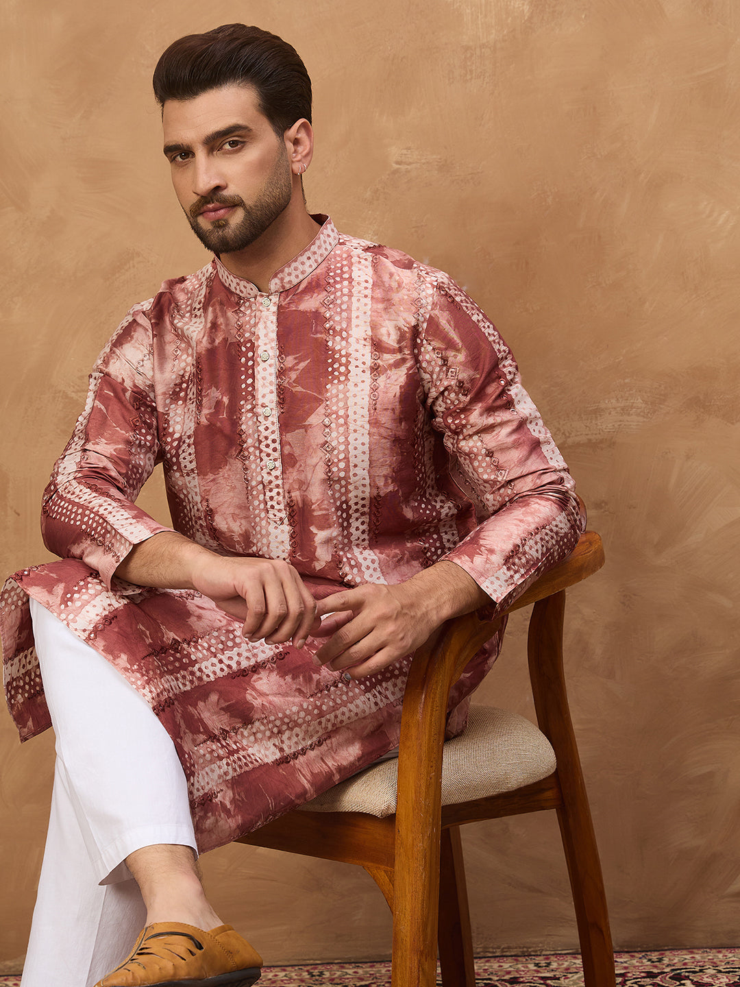 Ethnic Bay Men Brown Silk Blend Shibori Embroidered Straight Kurta-MKU1539