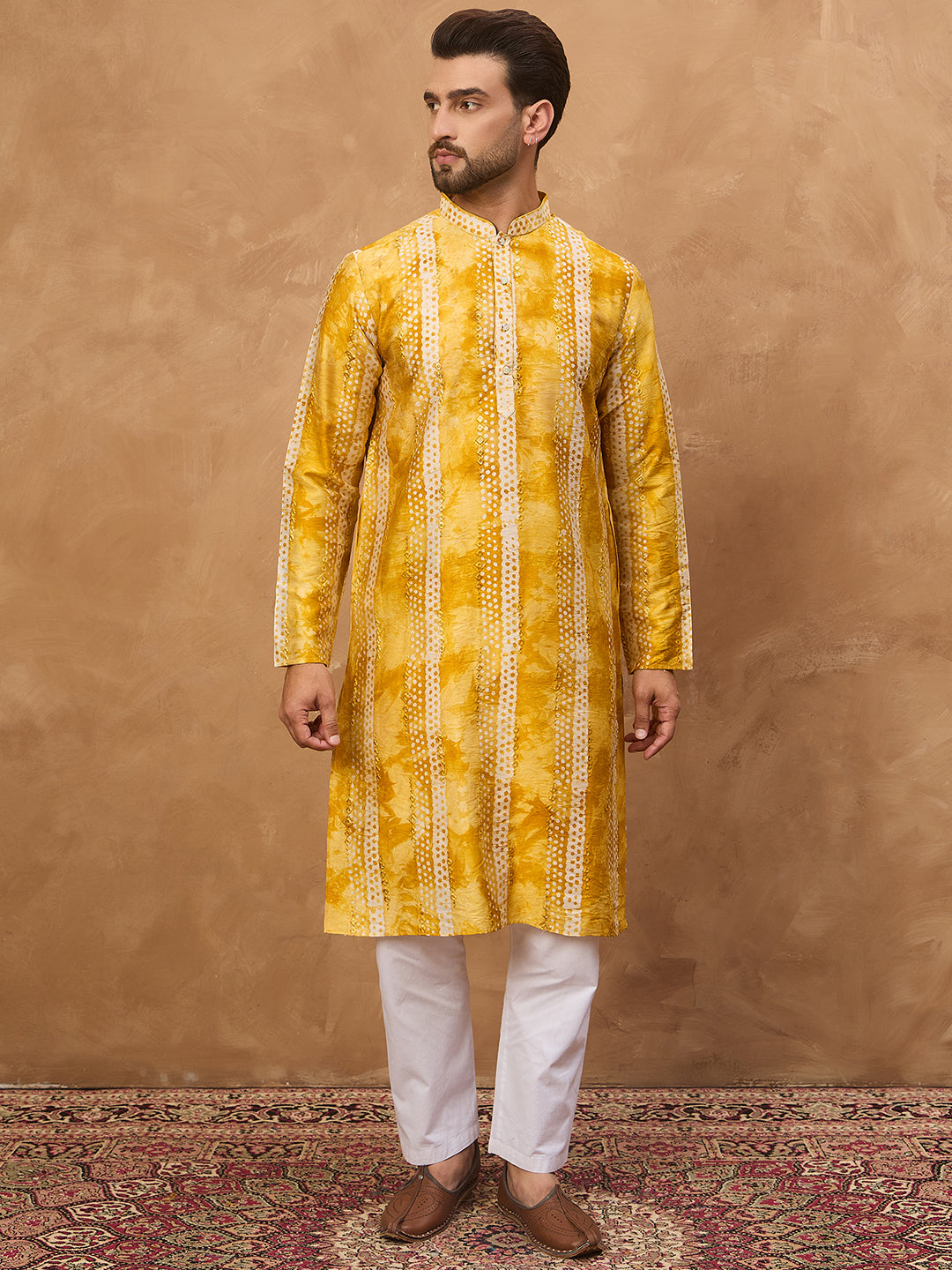 Ethnic Bay Men Yellow Silk Blend Shibori Embroidered Straight Kurta-MKU1540