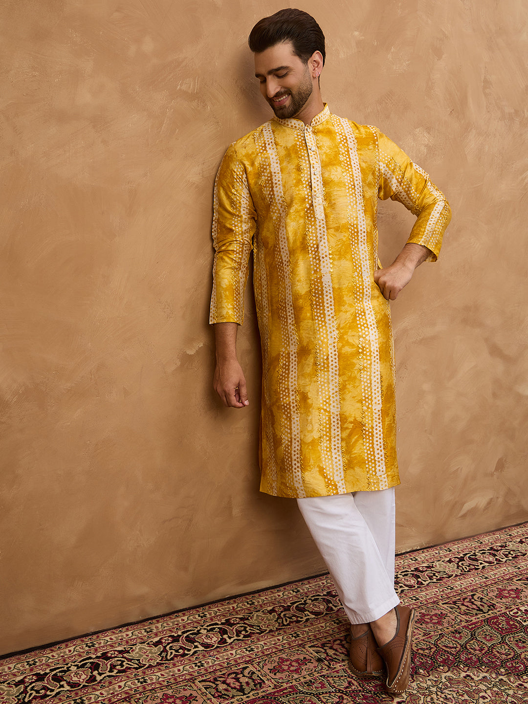 Ethnic Bay Men Yellow Silk Blend Shibori Embroidered Straight Kurta-MKU1540