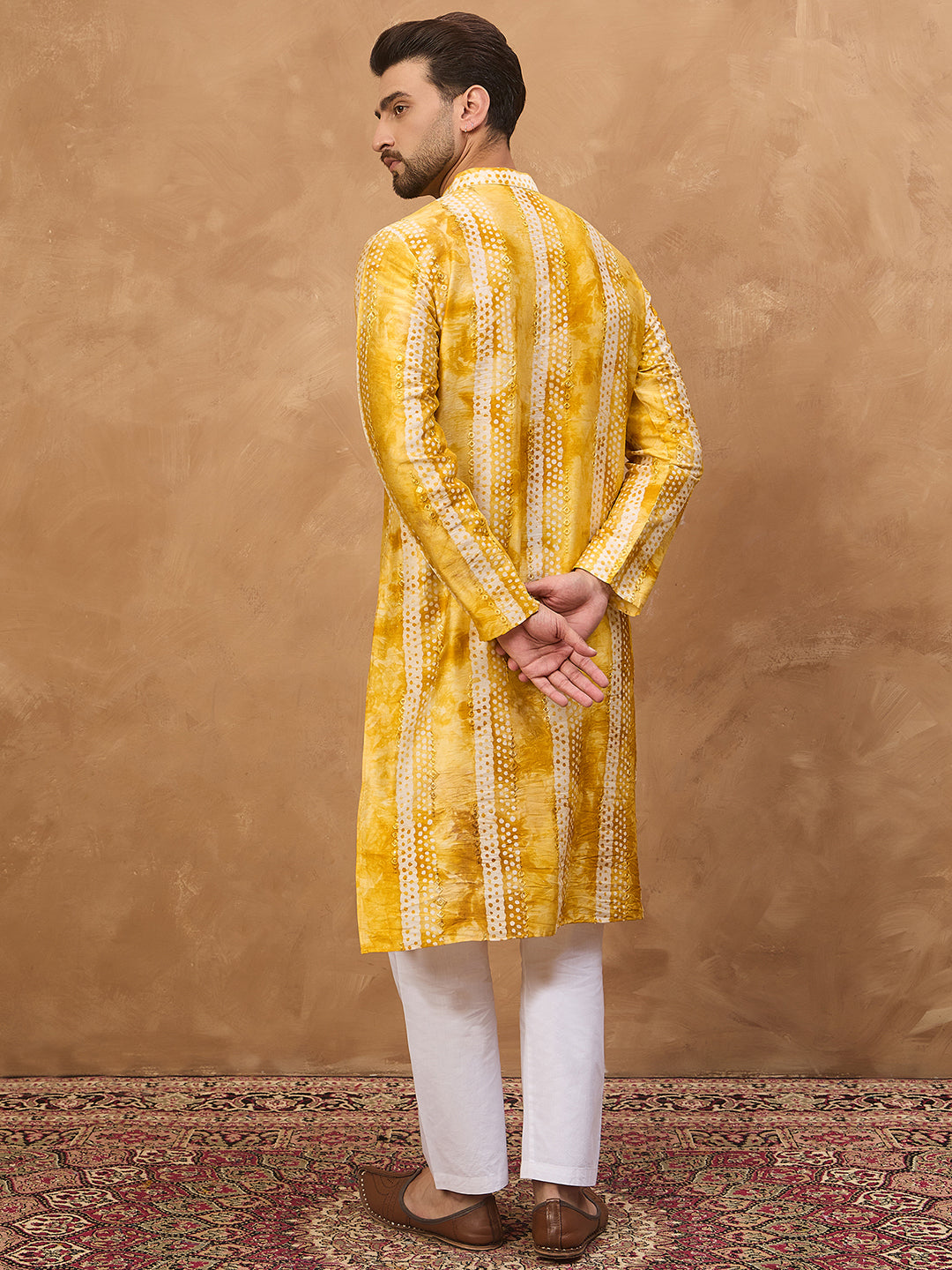 Ethnic Bay Men Yellow Silk Blend Shibori Embroidered Straight Kurta-MKU1540