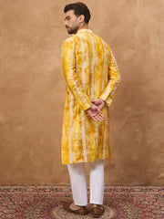 Ethnic Bay Men Yellow Silk Blend Shibori Embroidered Straight Kurta-MKU1540