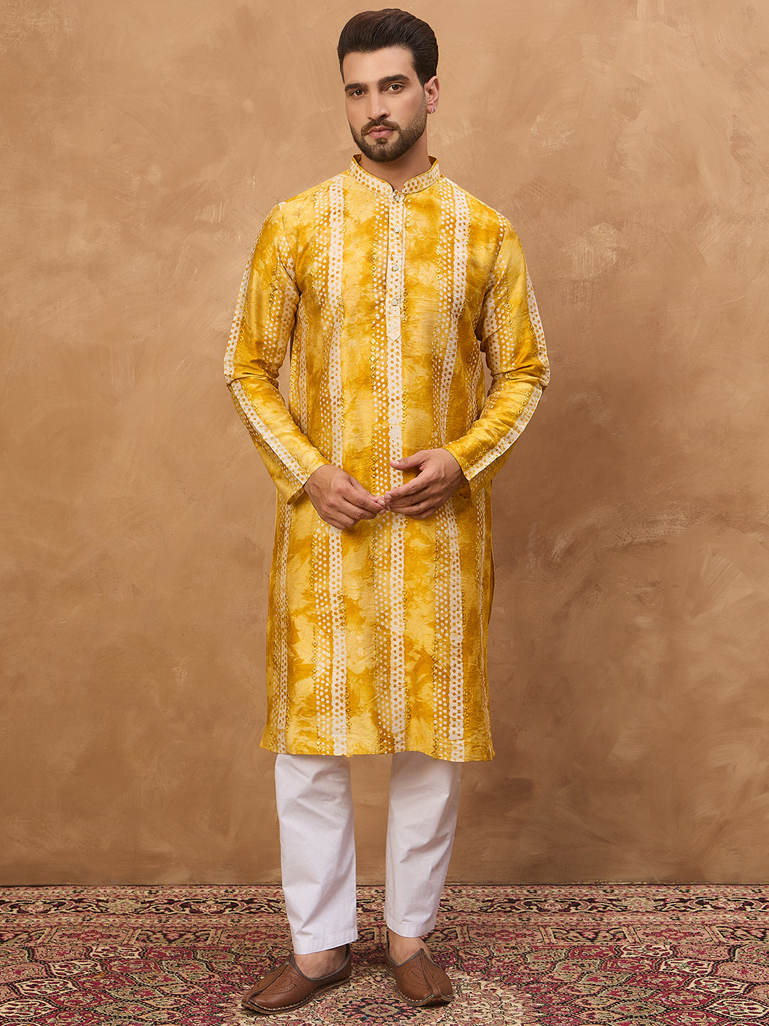 Ethnic Bay Men Yellow Silk Blend Shibori Embroidered Straight Kurta-MKU1540