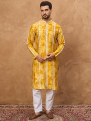 Ethnic Bay Men Yellow Silk Blend Shibori Embroidered Straight Kurta-MKU1540