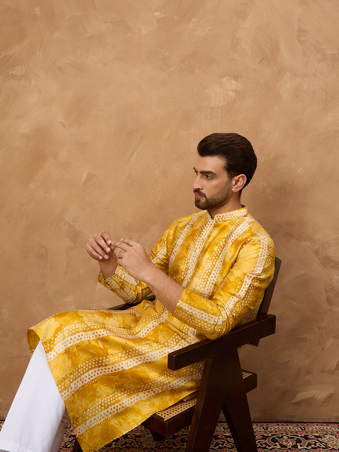 Ethnic Bay Men Yellow Silk Blend Shibori Embroidered Straight Kurta-MKU1540