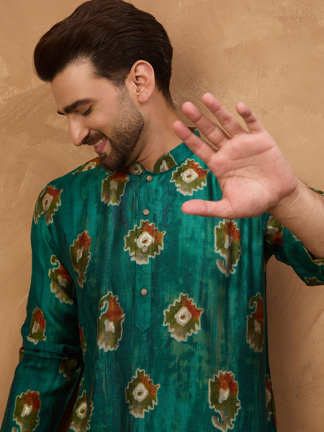 Ethnic Bay Men Teal Viscose Rayon Ethnic Motifs Printed Straight Kurta-MKU1541