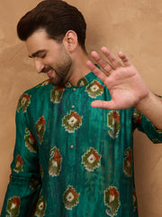 Ethnic Bay Men Teal Viscose Rayon Ethnic Motifs Printed Straight Kurta-MKU1541
