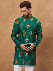 Ethnic Bay Men Teal Viscose Rayon Ethnic Motifs Printed Straight Kurta-MKU1541