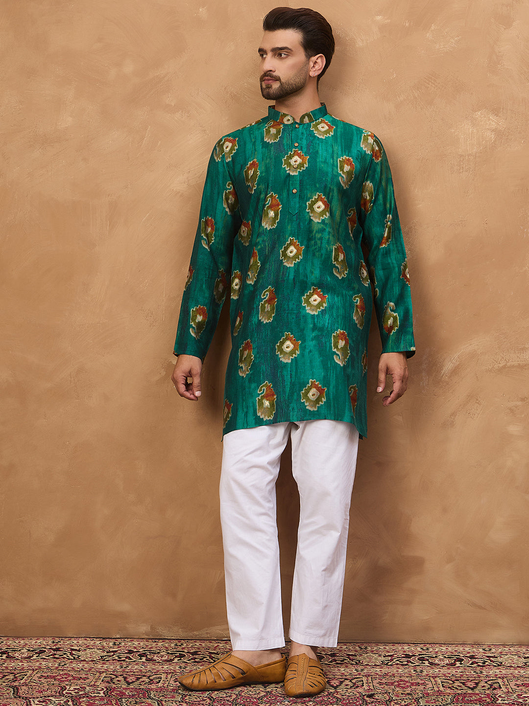 Ethnic Bay Men Teal Viscose Rayon Ethnic Motifs Printed Straight Kurta-MKU1541