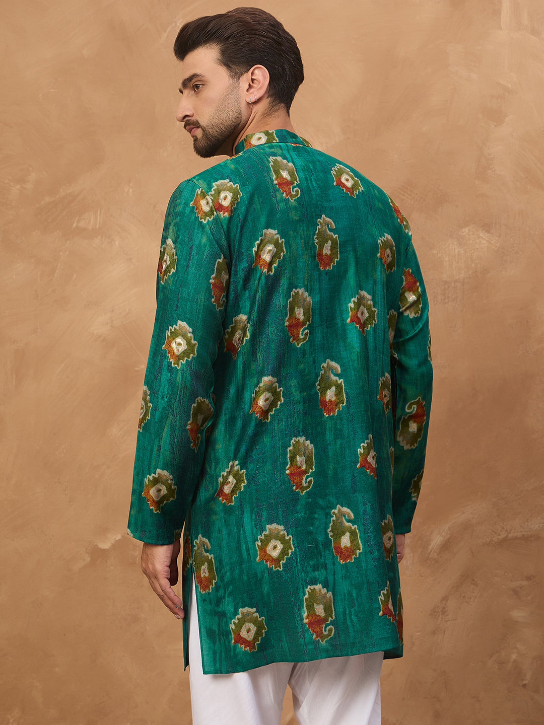 Ethnic Bay Men Teal Viscose Rayon Ethnic Motifs Printed Straight Kurta-MKU1541