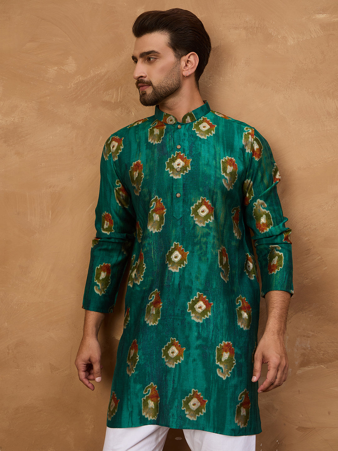 Ethnic Bay Men Teal Viscose Rayon Ethnic Motifs Printed Straight Kurta-MKU1541
