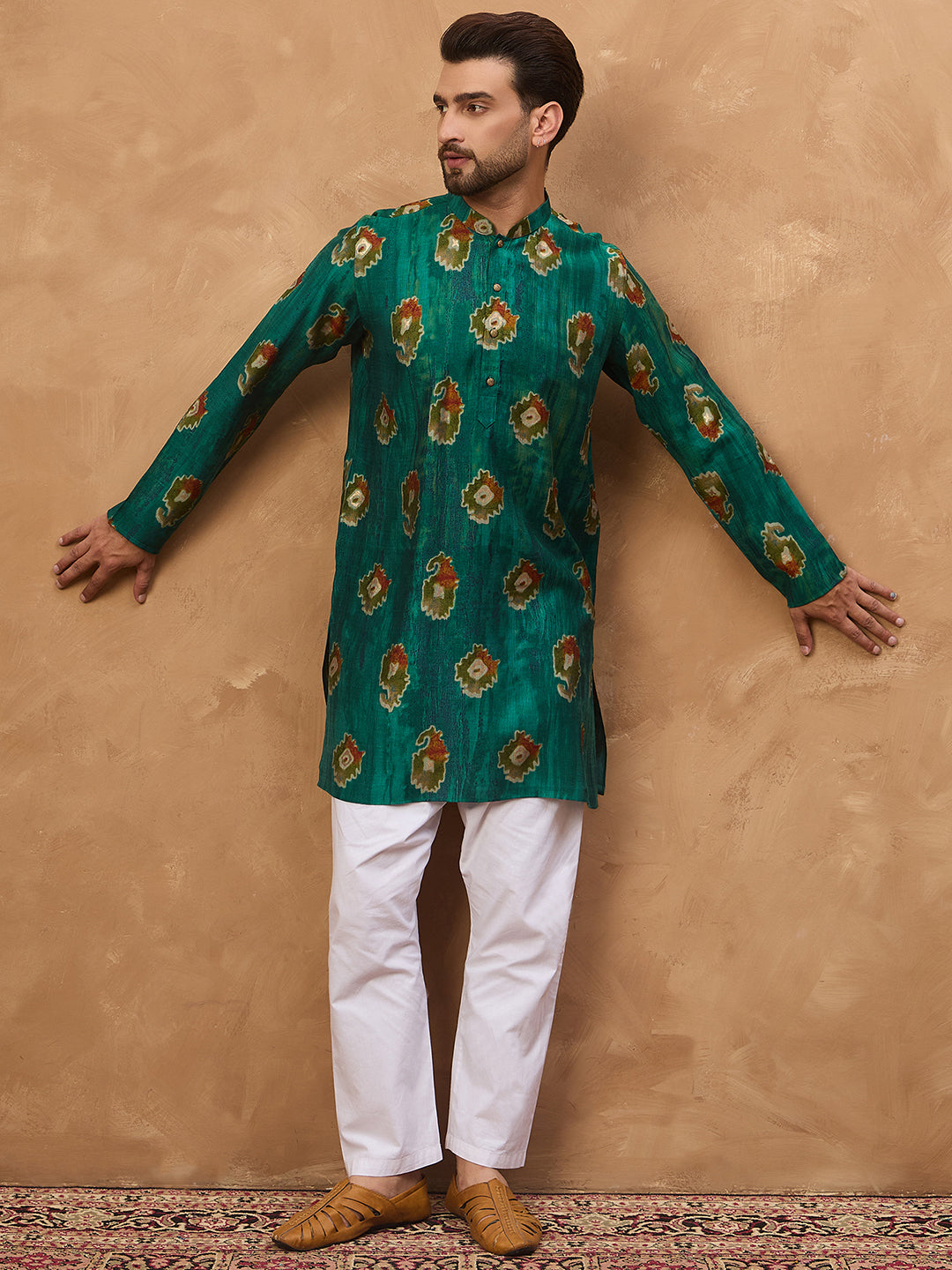 Ethnic Bay Men Teal Viscose Rayon Ethnic Motifs Printed Straight Kurta-MKU1541