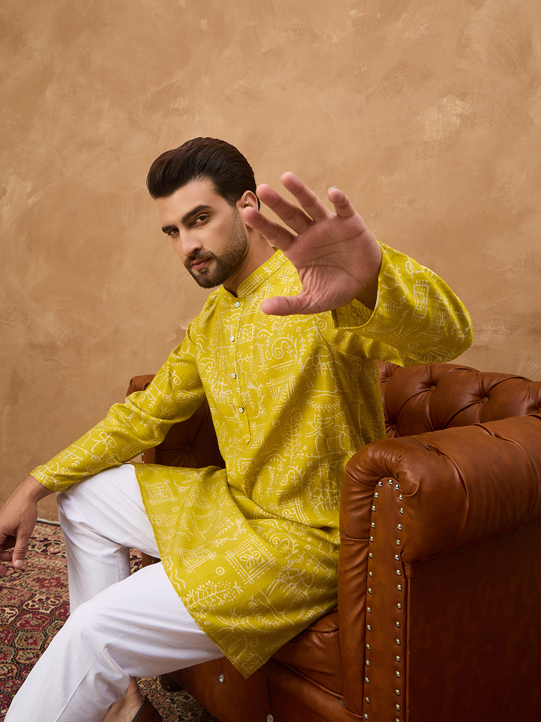 Ethnic Bay Men Yellow Viscose Rayon Ethnic Motifs Printed Straight Kurta-MKU1542