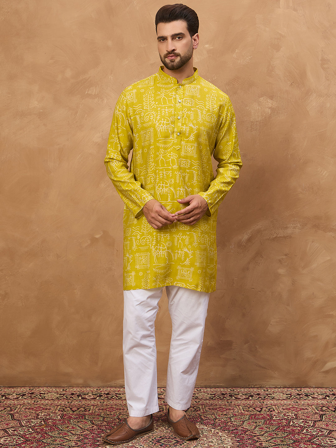Ethnic Bay Men Yellow Viscose Rayon Ethnic Motifs Printed Straight Kurta-MKU1542