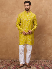 Ethnic Bay Men Yellow Viscose Rayon Ethnic Motifs Printed Straight Kurta-MKU1542