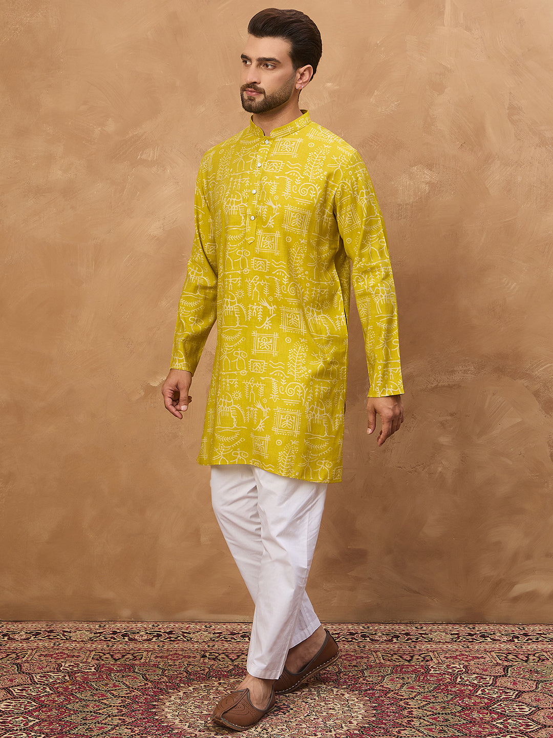 Ethnic Bay Men Yellow Viscose Rayon Ethnic Motifs Printed Straight Kurta-MKU1542