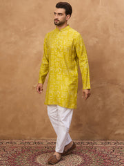 Ethnic Bay Men Yellow Viscose Rayon Ethnic Motifs Printed Straight Kurta-MKU1542