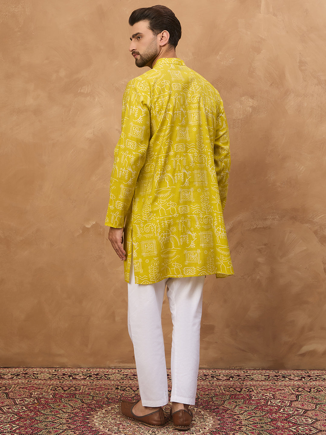 Ethnic Bay Men Yellow Viscose Rayon Ethnic Motifs Printed Straight Kurta-MKU1542