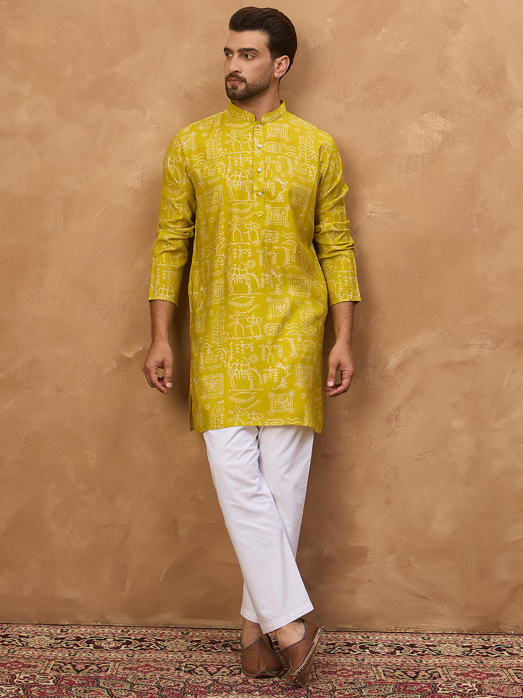 Ethnic Bay Men Yellow Viscose Rayon Ethnic Motifs Printed Straight Kurta-MKU1542