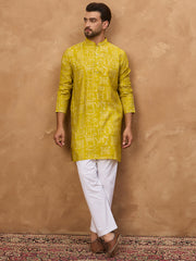 Ethnic Bay Men Yellow Viscose Rayon Ethnic Motifs Printed Straight Kurta-MKU1542