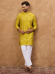 Ethnic Bay Men Yellow Viscose Rayon Ethnic Motifs Printed Straight Kurta-MKU1542