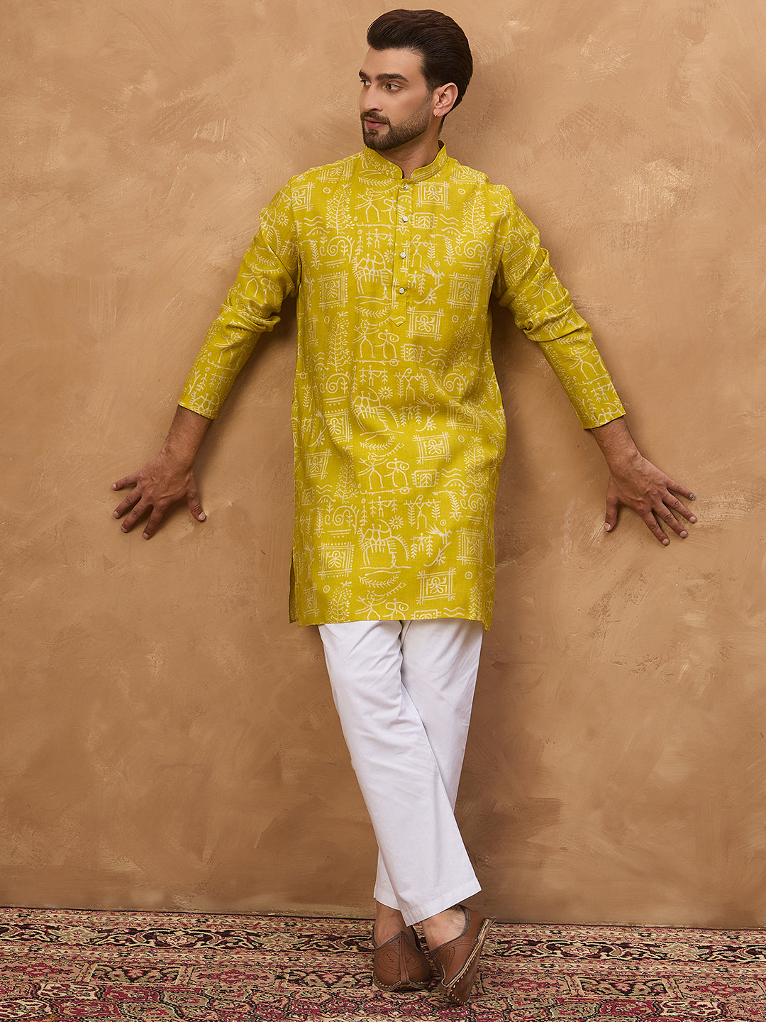 Ethnic Bay Men Yellow Viscose Rayon Ethnic Motifs Printed Straight Kurta-MKU1542