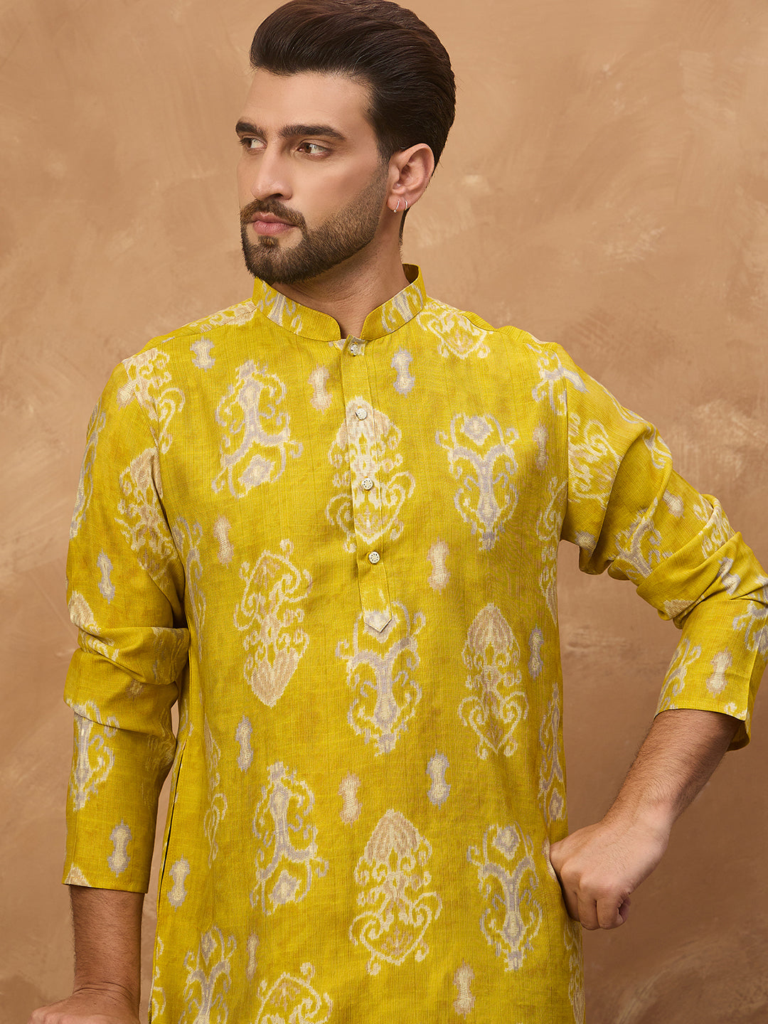 Ethnic Bay Men Yellow Viscose Rayon Ikat Printed Straight Kurta-MKU1543