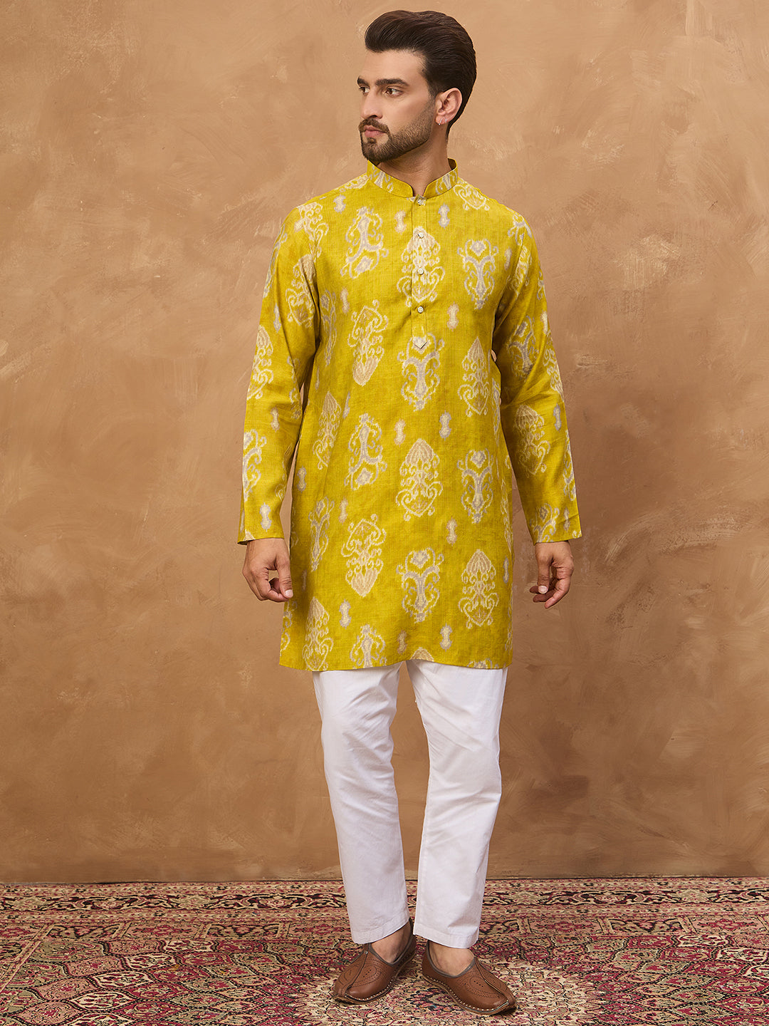 Ethnic Bay Men Yellow Viscose Rayon Ikat Printed Straight Kurta-MKU1543