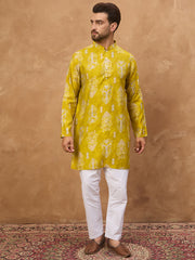 Ethnic Bay Men Yellow Viscose Rayon Ikat Printed Straight Kurta-MKU1543