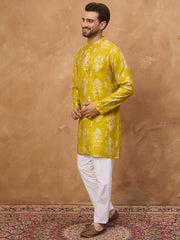 Ethnic Bay Men Yellow Viscose Rayon Ikat Printed Straight Kurta-MKU1543