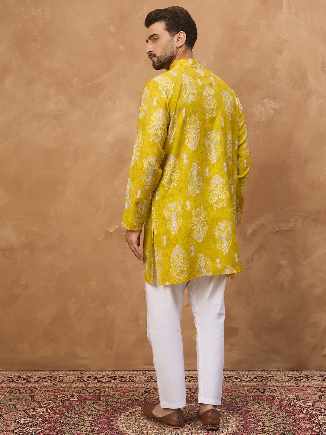 Ethnic Bay Men Yellow Viscose Rayon Ikat Printed Straight Kurta-MKU1543