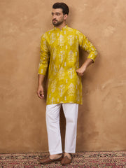 Ethnic Bay Men Yellow Viscose Rayon Ikat Printed Straight Kurta-MKU1543