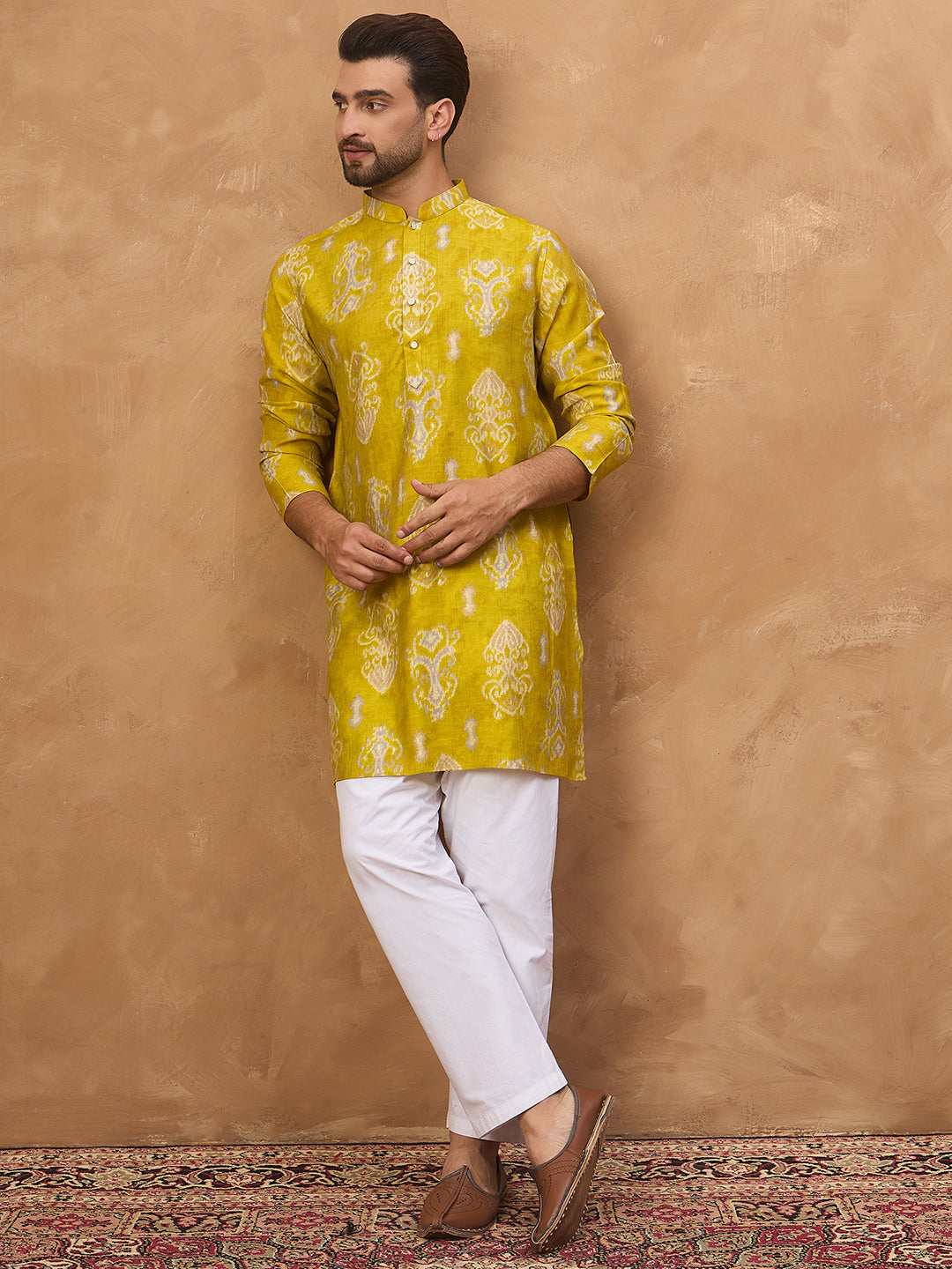 Ethnic Bay Men Yellow Viscose Rayon Ikat Printed Straight Kurta-MKU1543