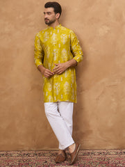 Ethnic Bay Men Yellow Viscose Rayon Ikat Printed Straight Kurta-MKU1543