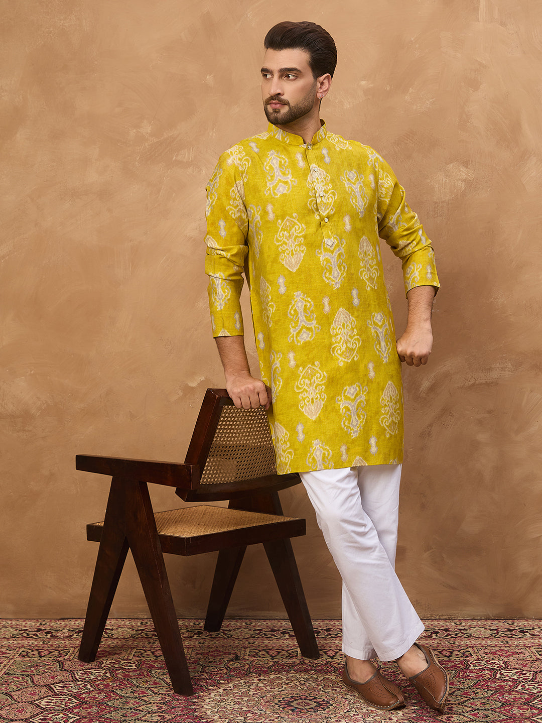 Ethnic Bay Men Yellow Viscose Rayon Ikat Printed Straight Kurta-MKU1543