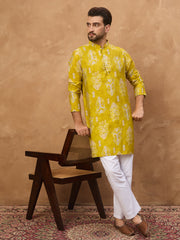 Ethnic Bay Men Yellow Viscose Rayon Ikat Printed Straight Kurta-MKU1543