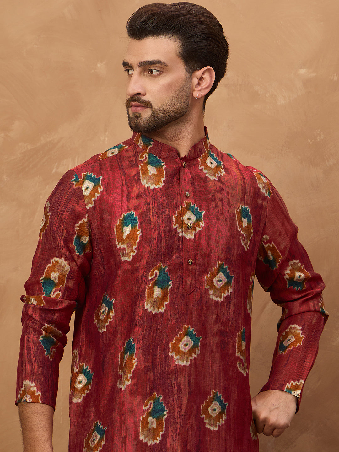 Ethnic Bay Men Red Viscose Rayon Ethnic Motifs Printed Straight Kurta-MKU1544