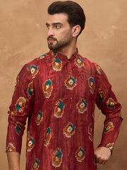 Ethnic Bay Men Red Viscose Rayon Ethnic Motifs Printed Straight Kurta-MKU1544