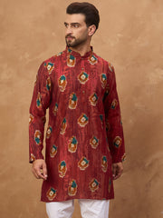 Ethnic Bay Men Red Viscose Rayon Ethnic Motifs Printed Straight Kurta-MKU1544