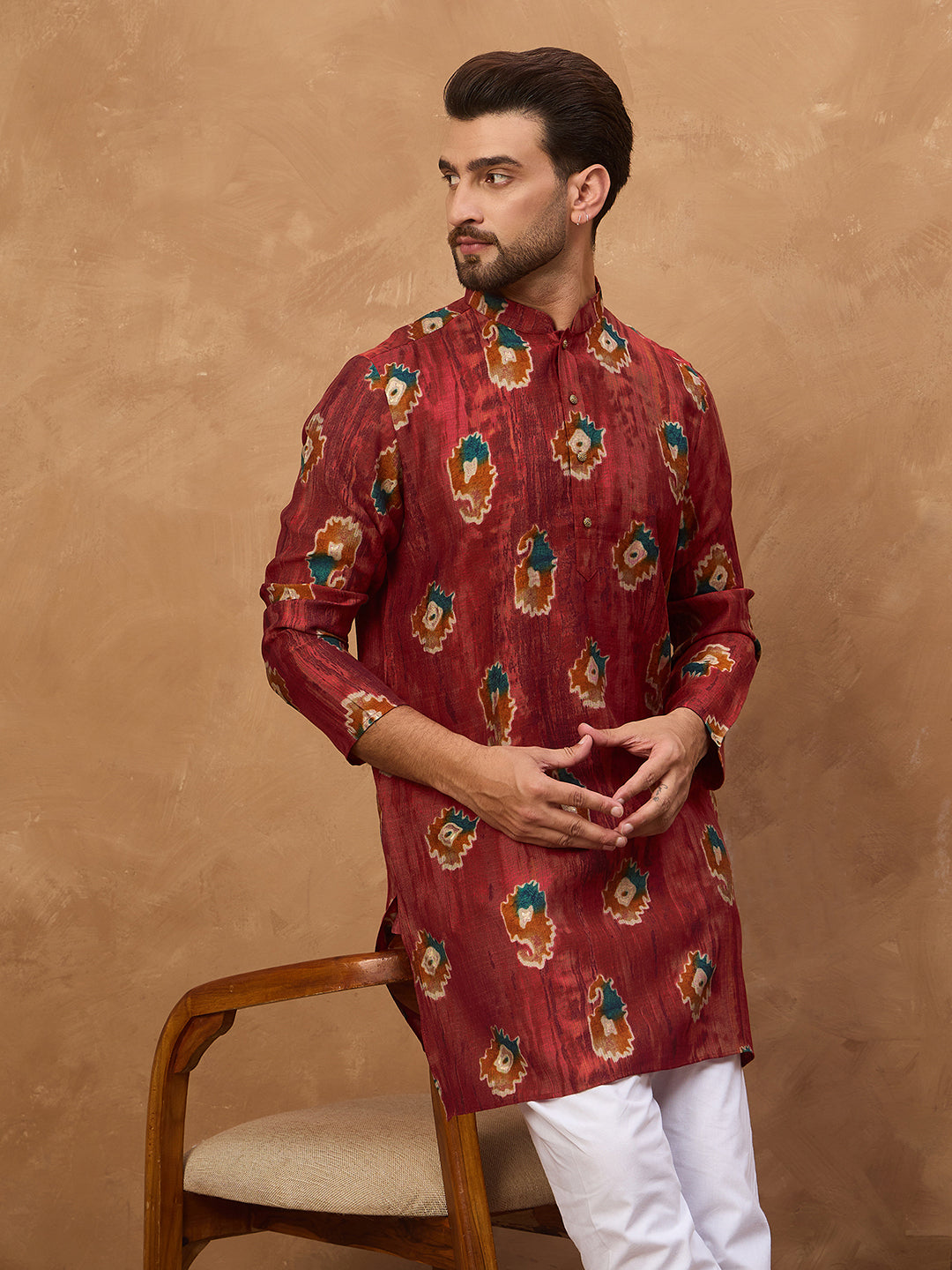 Ethnic Bay Men Red Viscose Rayon Ethnic Motifs Printed Straight Kurta-MKU1544
