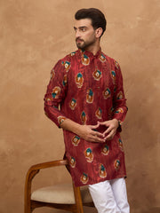 Ethnic Bay Men Red Viscose Rayon Ethnic Motifs Printed Straight Kurta-MKU1544
