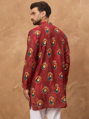 Ethnic Bay Men Red Viscose Rayon Ethnic Motifs Printed Straight Kurta-MKU1544